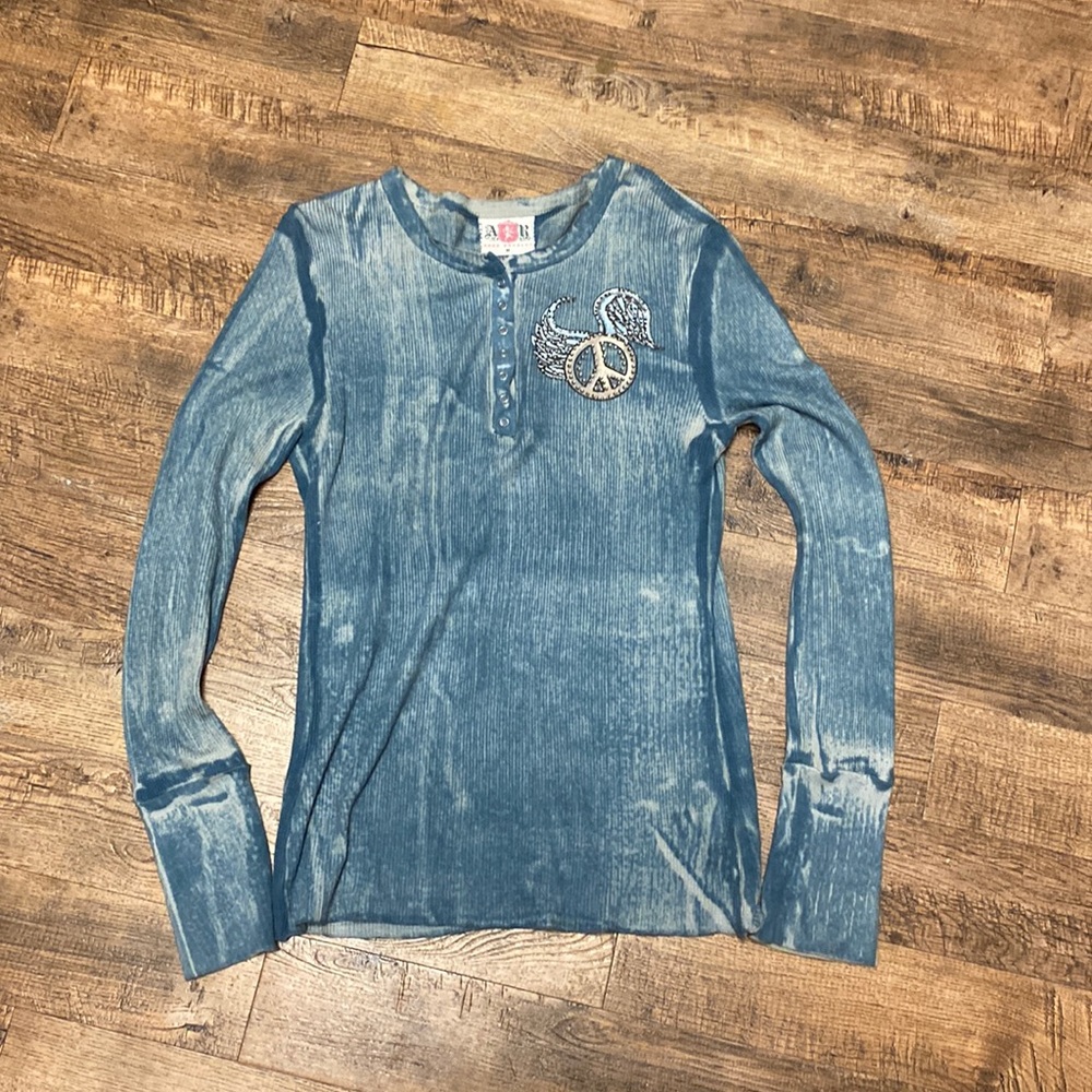Ankh Royalty Blue Peace and Angel Wing Bling Long Sleeve Top Medium